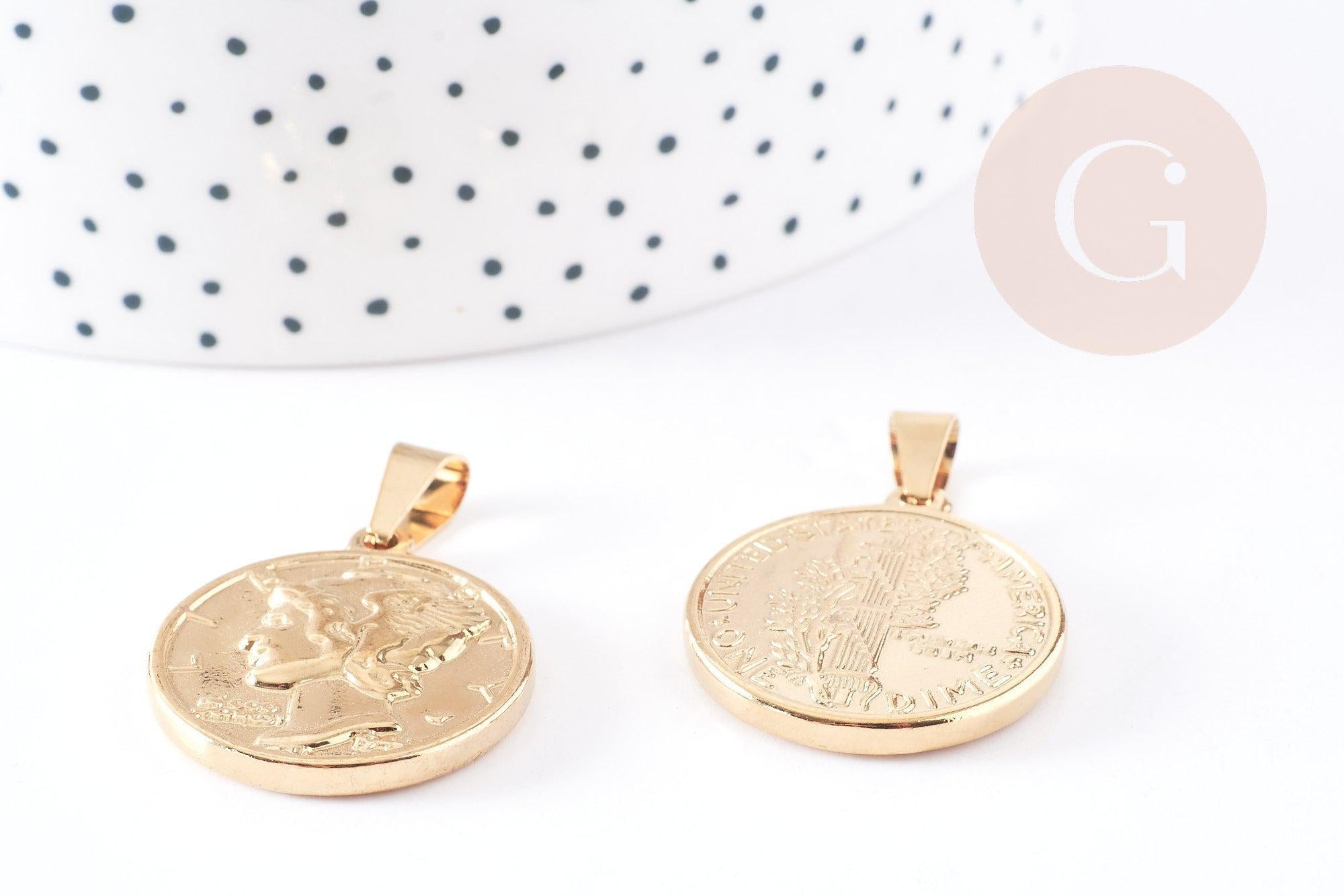 Pendentif médaille ronde pièce acier 304 inoxydable doré 29mm, x1 (G1752)