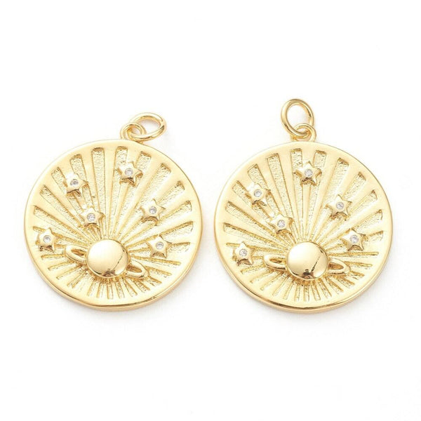 Pendentif médaille ronde planète laiton doré 18K zircons multicolore 23.5mm,pour la création bijoux médaille or, x1 (G6075)