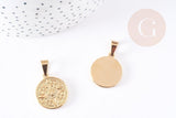 Pendentif médaille ronde rose des vents acier 304 inoxydable doré ,23.4mm, pendentif doré sans nickel,acier doré, création bijoux,x1 (G2637)