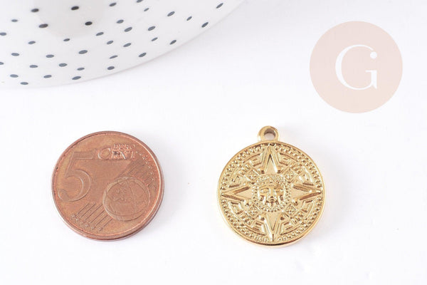 Pendentif médaille ronde rose des vents acier 304 inoxydable doré 23.4mm, x1 (G2639)