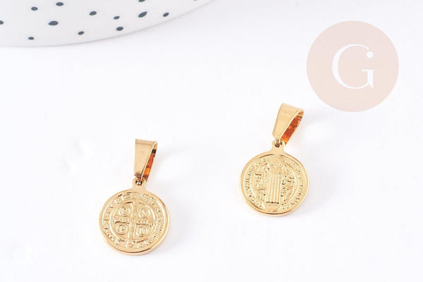 Pendentif médaille ronde saint Benoît acier doré, pendentif doré sans nickel en acier doré, médaille religieuse,15mm, x1 (G2366)