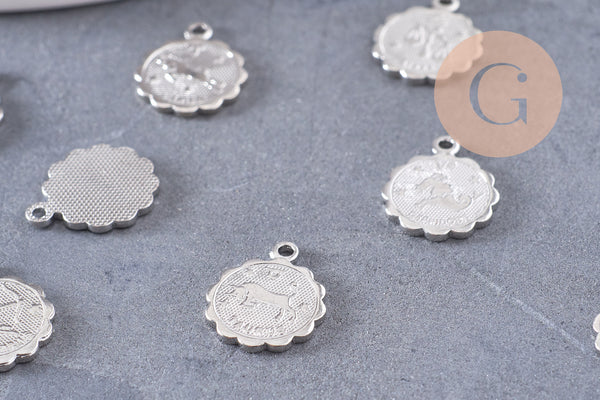 Pendentif médaille ronde signe astrologique laiton platine 14mm, x1 (G3462)