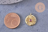 Pendentif médaille ronde soleil laiton doré zircon rouge 16.5mm, x1 (G3473)
