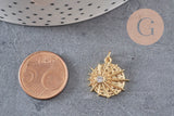 Pendentif médaille ronde soleil laiton doré zircon, un pendentif doré avec cristaux pour création bijoux,18mm, x1 G3469