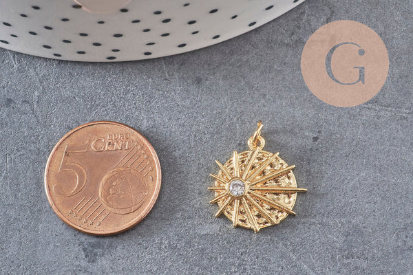 Pendentif médaille ronde soleil laiton doré zircon, un pendentif doré avec cristaux pour création bijoux,18mm, x1 G3469