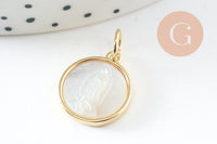 Pendentif médaille ronde vierge nacre naturelle laiton doré 16mm, x1 (G10045)