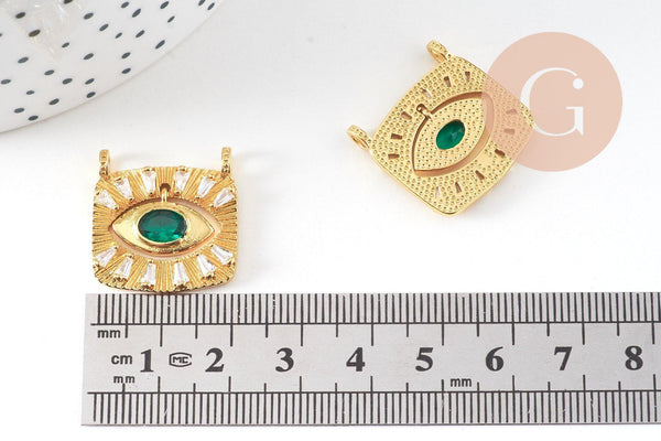 Pendentif mobile carré oeil protecteur laiton doré zircon 21mm,pendentif doré avec cristaux , x1 (G5855)