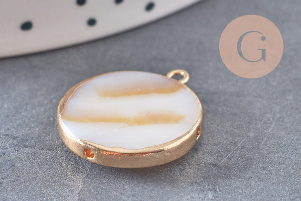 Pendentif nacre blanche naturelle doré 26mm, x1 (G2178)