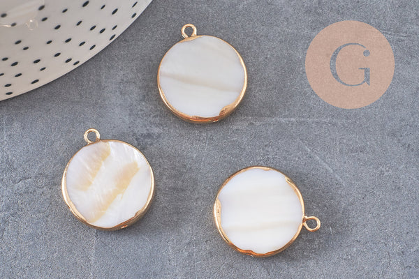 Pendentif nacre blanche naturelle doré 26mm, x1 (G2178)