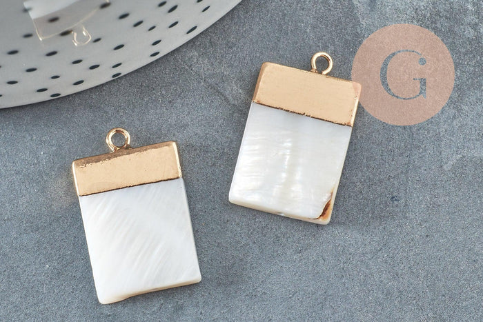 Pendentif nacre blanche naturelle doré rectangle 24mm,pendentif rond nacre,coquillage blanc, x2 G2579
