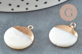 Pendentif nacre blanche naturelle doré,fourniture créative,pendentif rond nacre,coquillage blanc, 22.5mm, x2 G2548