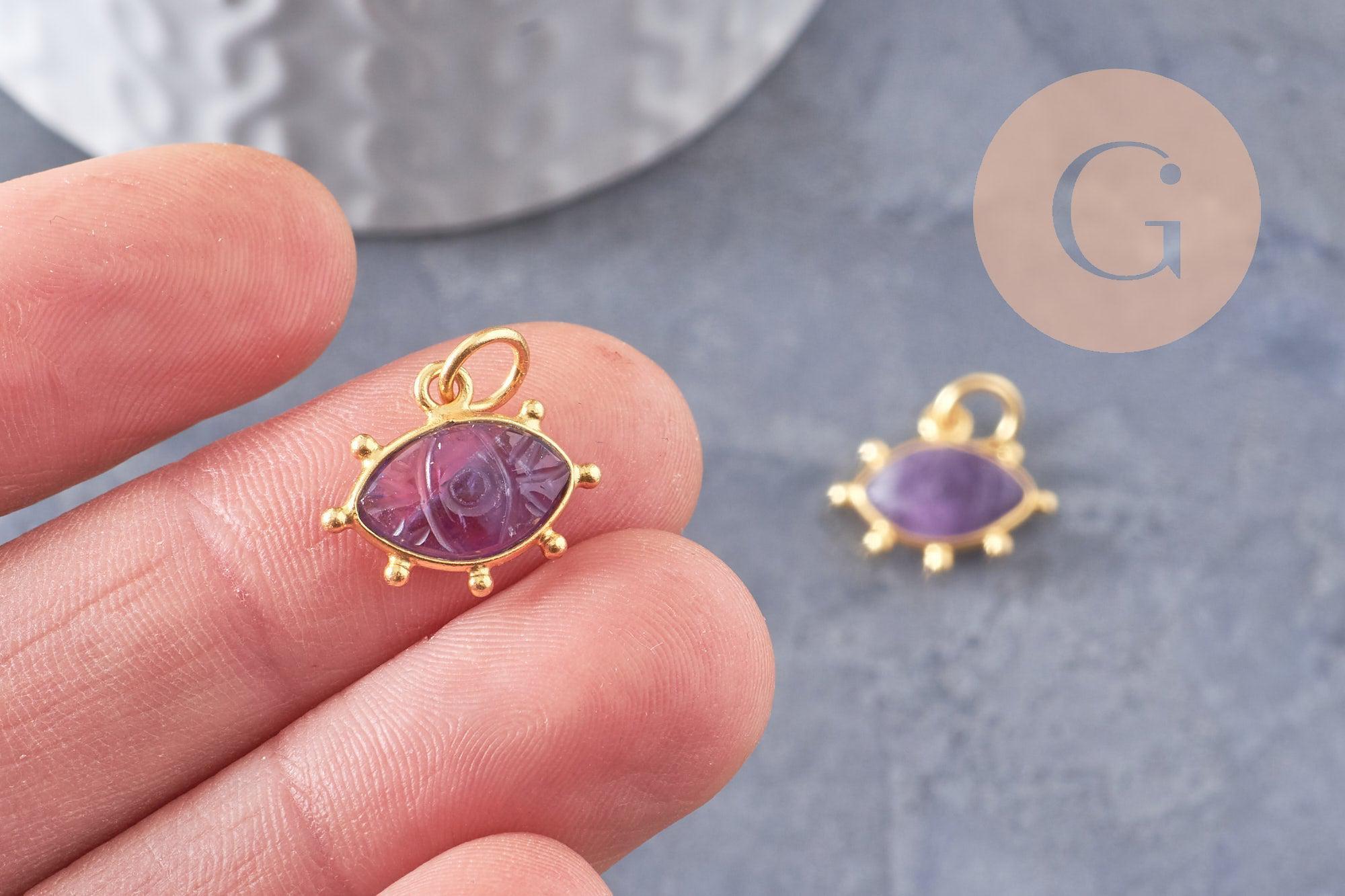 Pendentif oeil améthyste naturel argent 925 doré 18K 15mm,pendentif amulette pierre naturelle x1 (G9867)