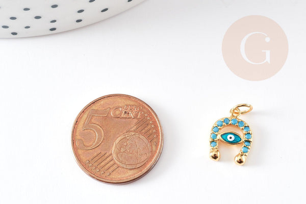 Pendentif œil cristal zircon or, fer à cheval,pendentif doré, porte-bonheur,laiton doré,mauvais oeil,création bijoux,13mm, x2 G0297