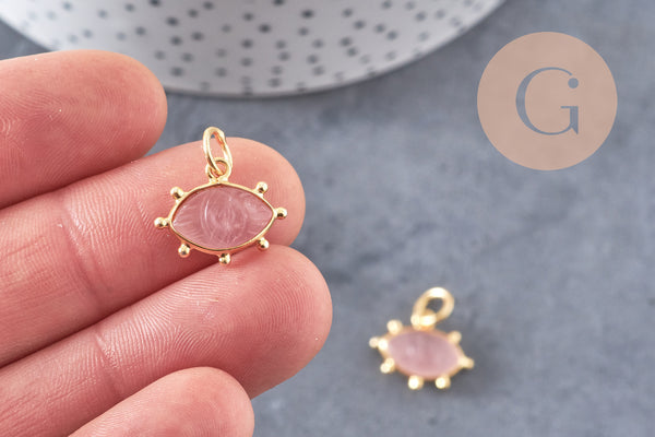 Pendentif oeil quartz rose naturel argent 925 doré 18K 15mm, x1 (G10849)