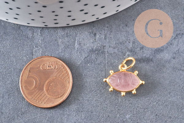 Pendentif oeil quartz rose naturel argent 925 doré 18K 15mm, x1 (G10849)