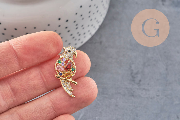 Pendentif oiseau Perroquet laiton doré 16k cristal 29mm,sans nickel,cadeau anniversaire,pendentif animal, Pendentif zircon, x1 (G6677)