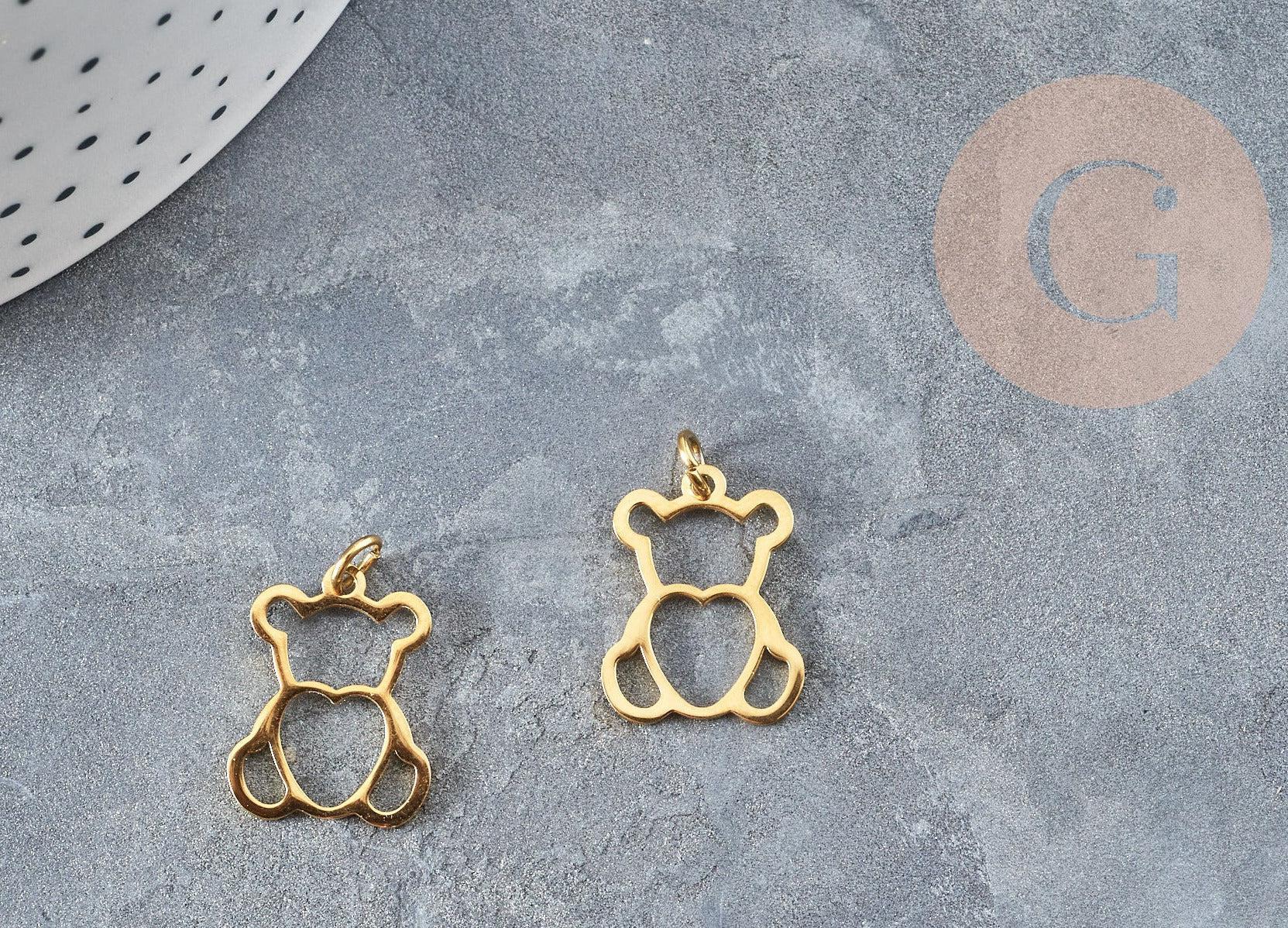 Pendentif ourson cœur acier 201 inoxydable doré 18mm, x1 (G5735)
