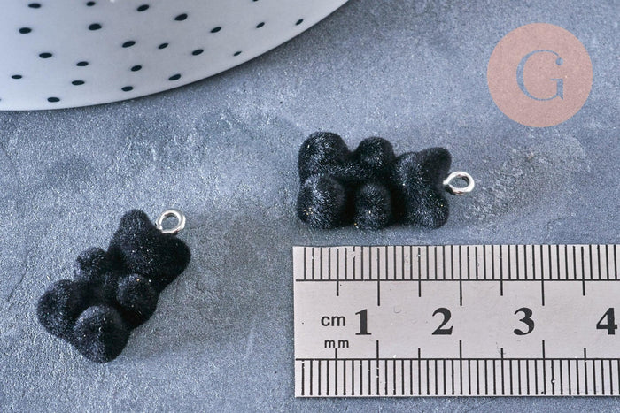 Pendentif ourson floqué velours noir résine platine, pendentif enfance, x2 (G6644)