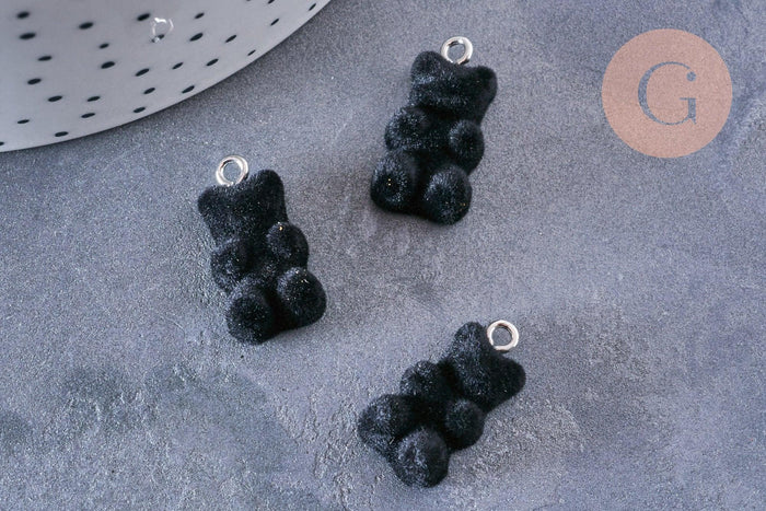 Pendentif ourson floqué velours noir résine platine, pendentif enfance, x2 (G6644)