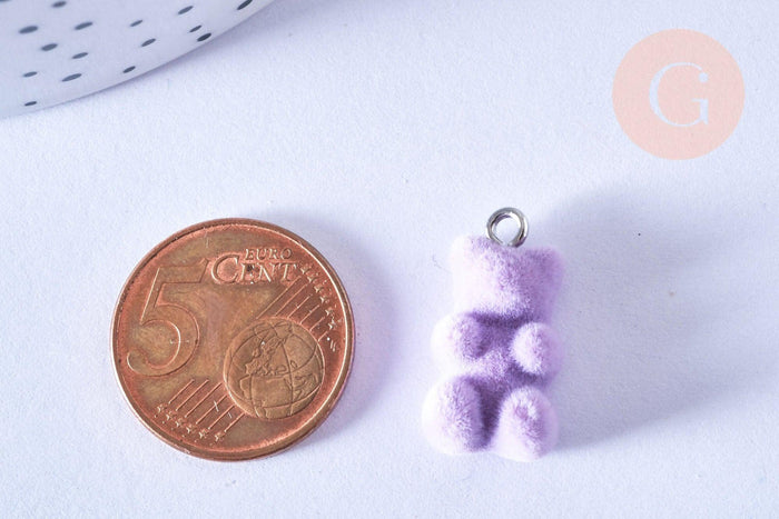 Pendentif ourson floqué velours violet résine platine 22mm, pendentif enfance régressif, x2 (G6901)