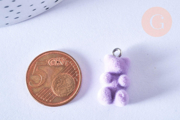 Pendentif ourson floqué velours violet résine platine 22mm, pendentif enfance régressif, x2 (G6901)