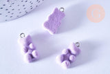 Pendentif ourson floqué velours violet résine platine 22mm, pendentif enfance régressif, x2 (G6901)