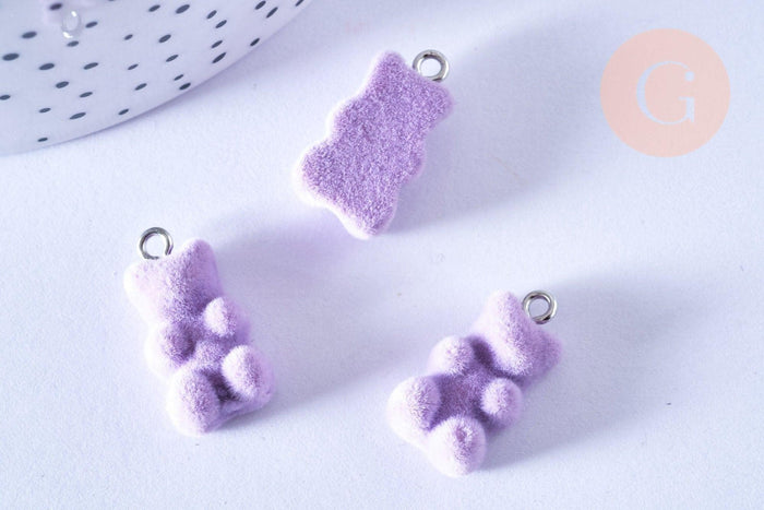 Pendentif ourson floqué velours violet résine platine 22mm, pendentif enfance régressif, x2 (G6901)
