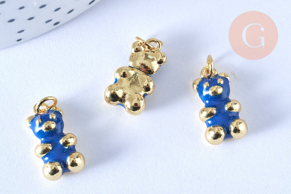 Pendentif ourson laiton doré 18K résine bleue 17.5mm, bijou d'enfance, x1 (G6641)