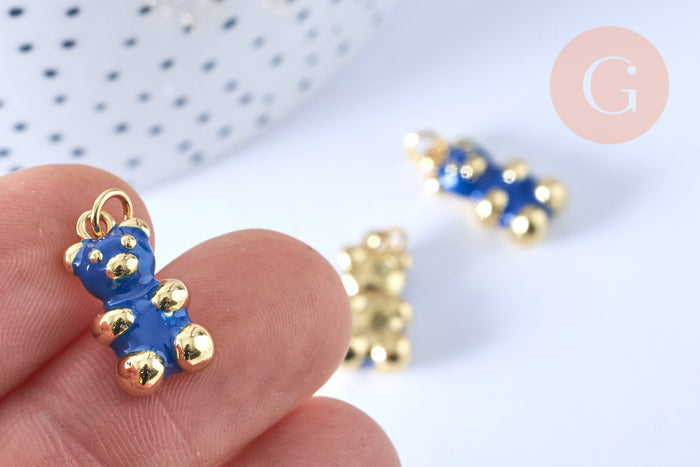 Pendentif ourson laiton doré 18K résine bleue 17.5mm, bijou d'enfance, x1 (G6641)