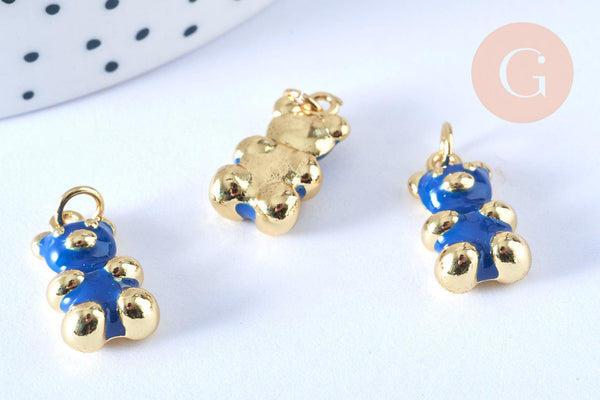 Pendentif ourson laiton doré 18K résine bleue 17.5mm, bijou d'enfance, x1 (G6641)