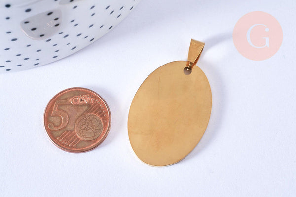 Pendentif ovale acier doré à graver 36mm, x1 (G6881)