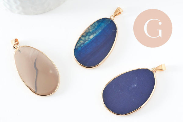Pendentif ovale agate bleue naturelle 43mm, x1 (G1381)