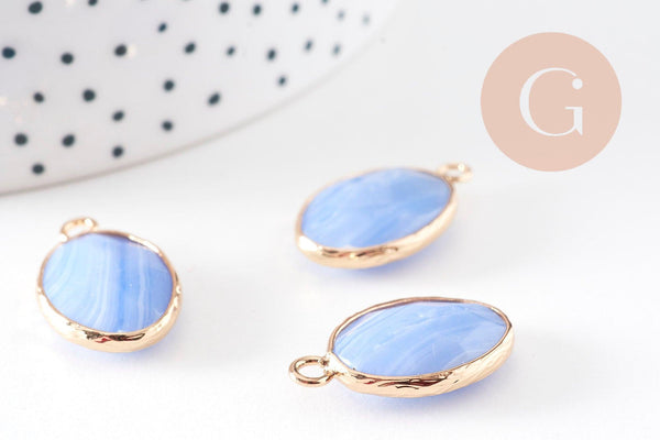 Pendentif ovale agate naturelle bleue laiton doré 23mm, x1 VALIDE