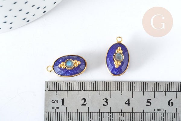 Pendentif ovale amulette lapis lazulis naturelle argent 925 doré 18K 30mm, pendentif pierre naturelle, x1, G7713