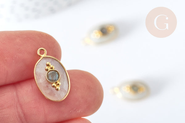 Pendentif ovale amulette pierre de lune naturelle argent 925 doré 18K 30mm, x1 (G7715)