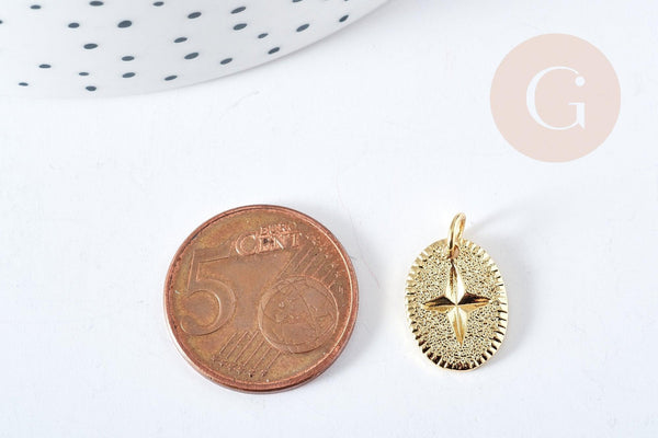 Pendentif ovale étoile doré laiton avec anneau de jonction 18.5mm, pendentif doré pour création bijoux DIY, x1 G8864