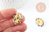 Pendentif ovale fleurs et perles acier 304 inoxydable doré 23mm, x1 G9404