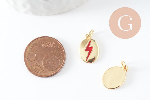 Pendentif ovale laiton doré éclair émail rouge 13.7mm,x1 (G4274)