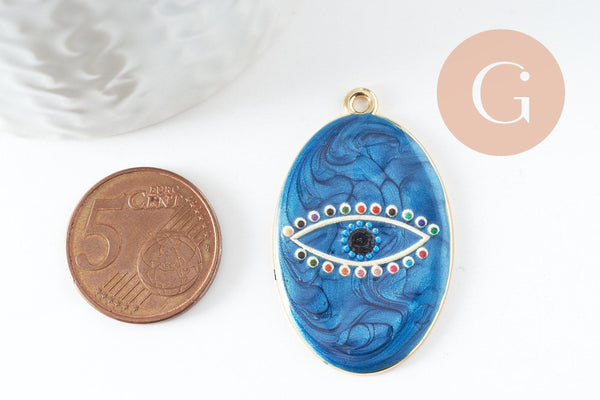 Pendentif ovale oeil protecteur émail bleu foncé zamac doré 39mm, x1 (G5930)