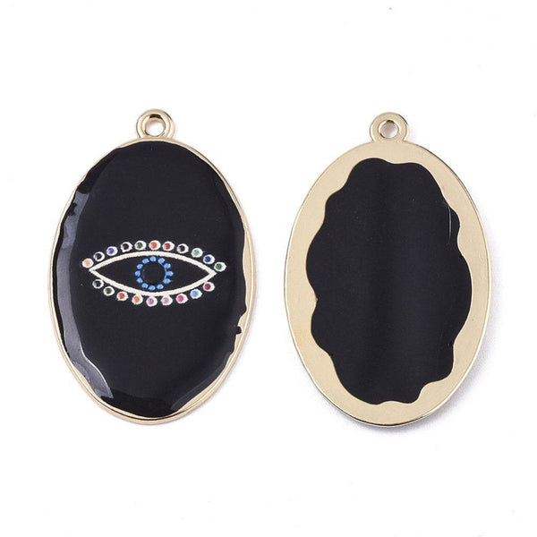 Pendentif ovale oeil protecteur émail noir zamac doré 39mm, pendentif laiton émaillé,sans nickel,x1 G5916