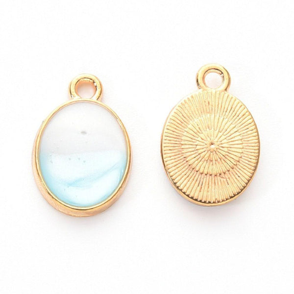 Pendentif ovale zamac doré bleu 24.5mm, pendentif création bijoux doré, x1 (G6248)