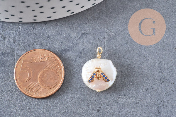 Pendentif perle naturelle Keshi abeille zircon ,porte bonheur,perle eau douce perle naturelle blanche,17-26mm, x1 (G4624)