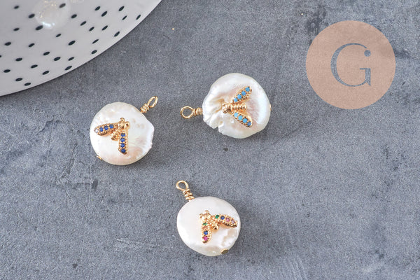 Pendentif perle naturelle Keshi abeille zircon ,porte bonheur,perle eau douce perle naturelle blanche,17-26mm, x1 (G4624)