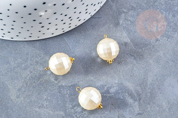 Pendentif perle ronde facettée plastique blanc nacré 20mm , perle plastique blanc nacré, x10 perles (G8542)