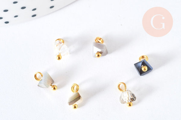 Pendentif perle triangle doré cristal, cristal gris noir transparent 8mm, x10 (G6952)