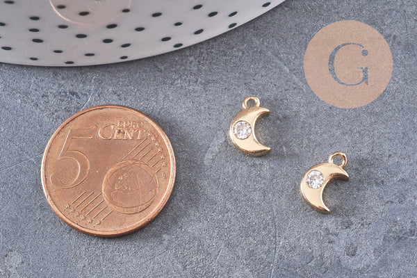 Pendentif petite lune laiton doré zircons, pendentif doré avec cristaux pour création bijoux, x1 (G7046)