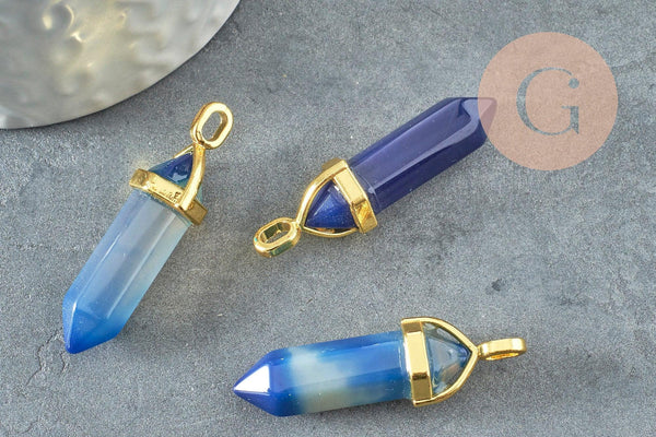 Pendentif pointe agate naturelle teintée bleue zamac doré 40mm, création bijoux pierre naturelle, x1 G3399