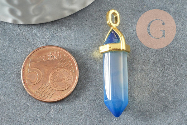 Pendentif pointe agate naturelle teintée bleue zamac doré 40mm, création bijoux pierre naturelle, x1 G3399
