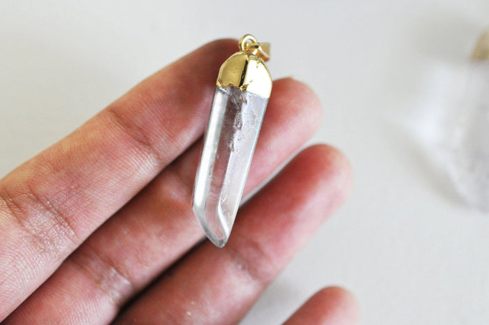 Pendentif pointe cristal de roche transparent doré 42-60mm, x1 (G6229)