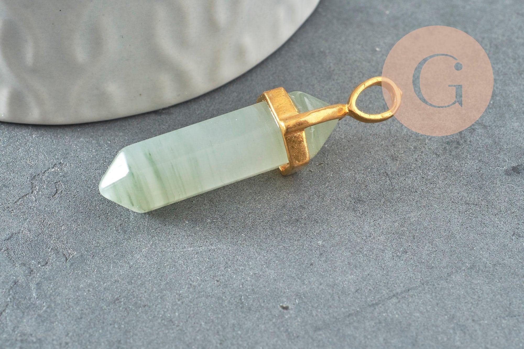 Pendentif pointe quartz vert naturel zamac doré 40mm, x1 (G2984)